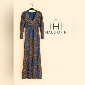 Navy Blue Maxi floral Dress with Rust Leaf Print size S